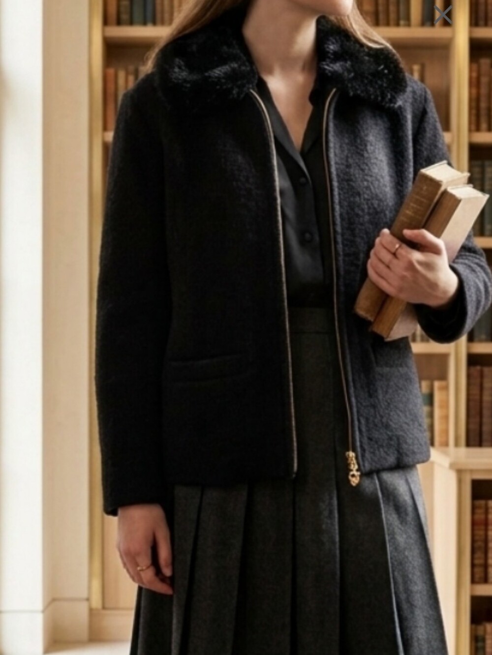 Lisa International Vintage Black Boiled Wool Coat with Faux Fur Collar